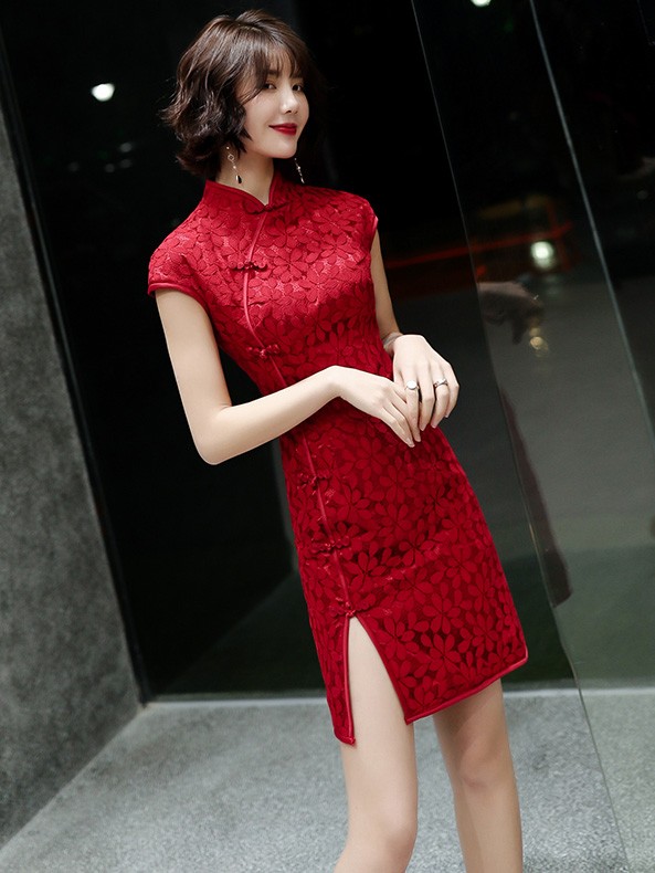 Red White Lace Short Qipao / Cheongsam ...