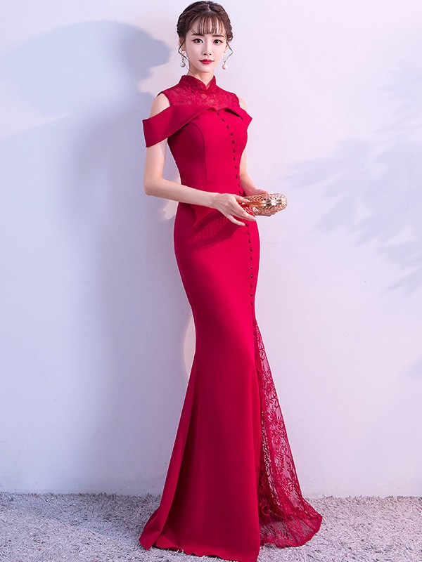 Wine Red Cold Shoulder Mermaid Qipao / Cheongsam Wedding Dress