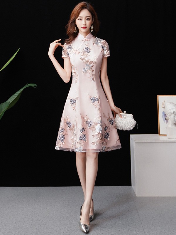 Pink Bridesmaid Floral Short Qipao / Cheongsam Dress