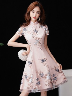 Pink Bridesmaid Floral Short Qipao / Cheongsam Dress