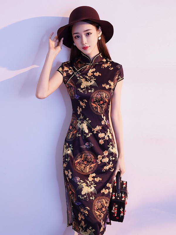 Black Vintage Printing Midi Qipao / Cheongsam Dress Black Vintage Printing Midi Qipao / Cheongsam Dress
