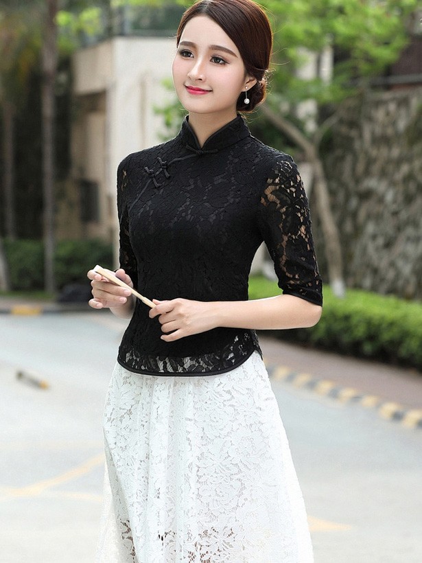 Black Lace Qipao / Cheongsam Blouse Top