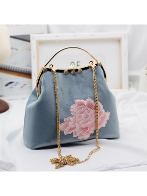 Blue Embroidered Chain Top Handle Clutch Bags