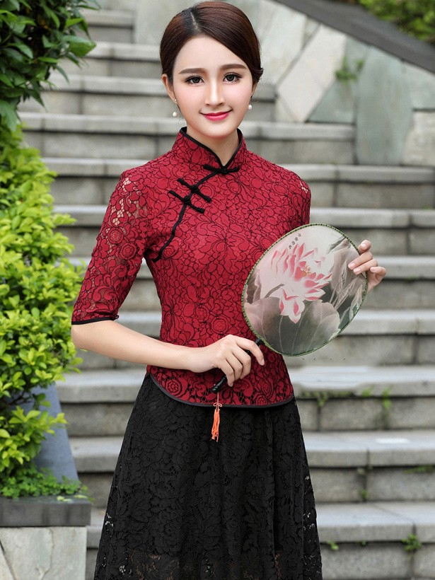 Red Lace Qipao / Cheongsam Blouse Top