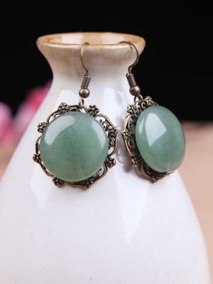 Green Jade Dangle Earrings, Pierced Clip On Earrings