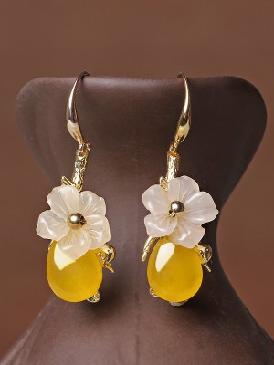 Yellow Jade Dangle Earrings, Clip On Pierced Earrings