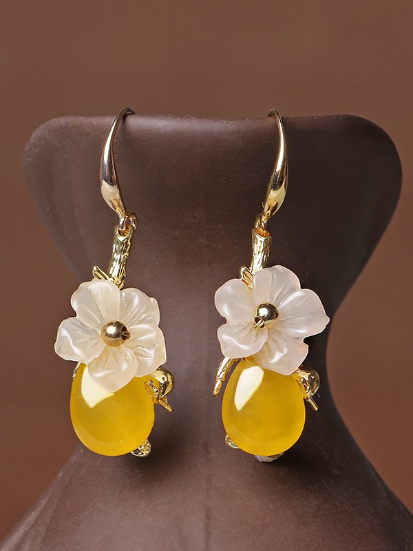Yellow Jade Dangle Earrings, Clip On Pierced Earrings - CozyLadyWear