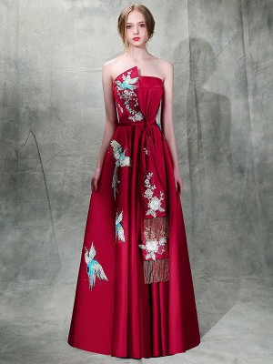 Burgundy Embroidered Maxi Strapless A-Line Evening Dress