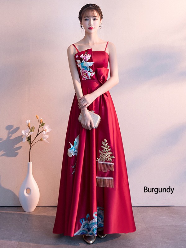 Wine Red Embroidered Long Slip Evening Dress CozyLadyWear