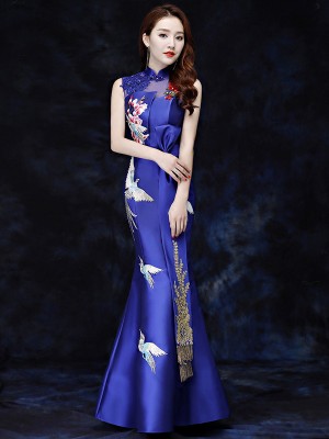 Blue Embroidered Fishtail Qipao / Cheongsam Evening Dress with Cutout Back