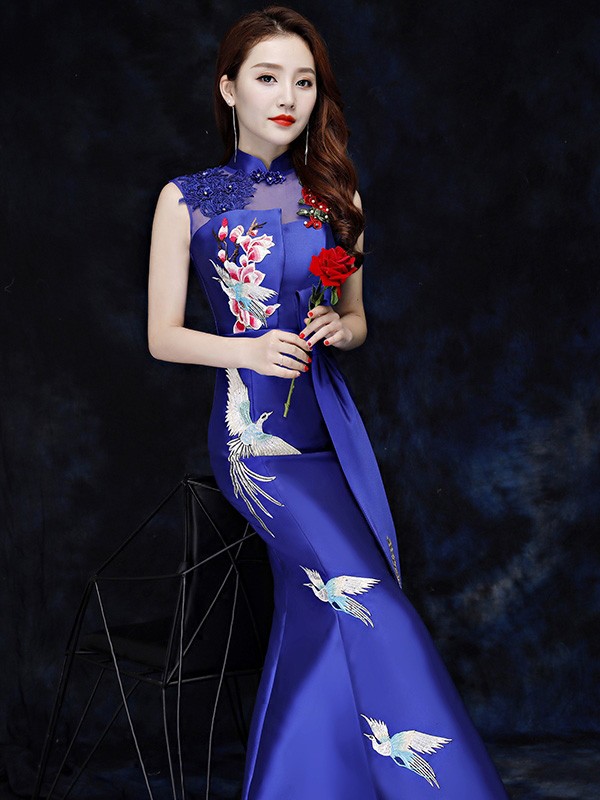 Blue Embroidered Fishtail Qipao / Cheongsam Evening Dress with Cutout Back