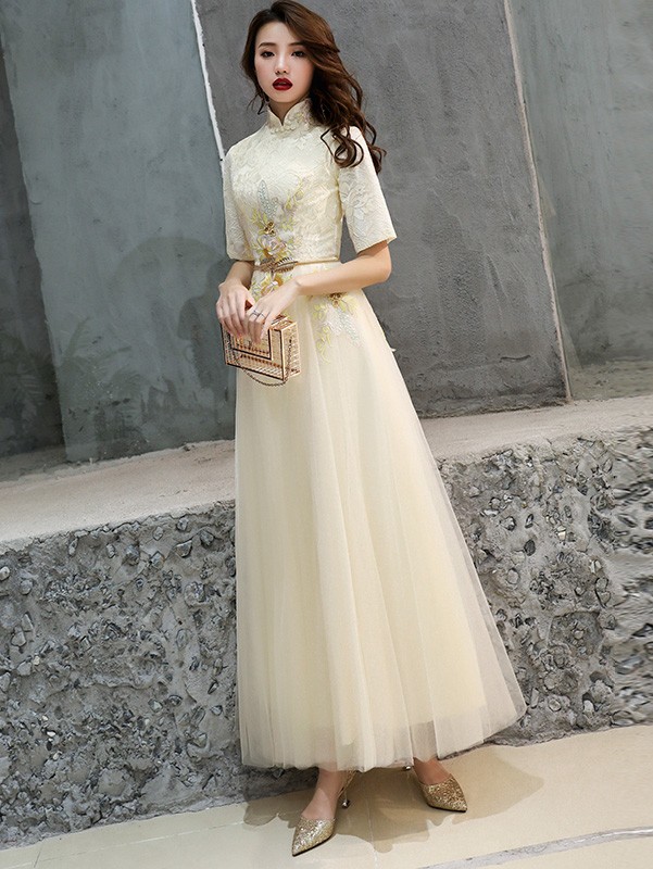 A-Line Embroidered Belt Prom Qipao / Cheongsam Evening Dress