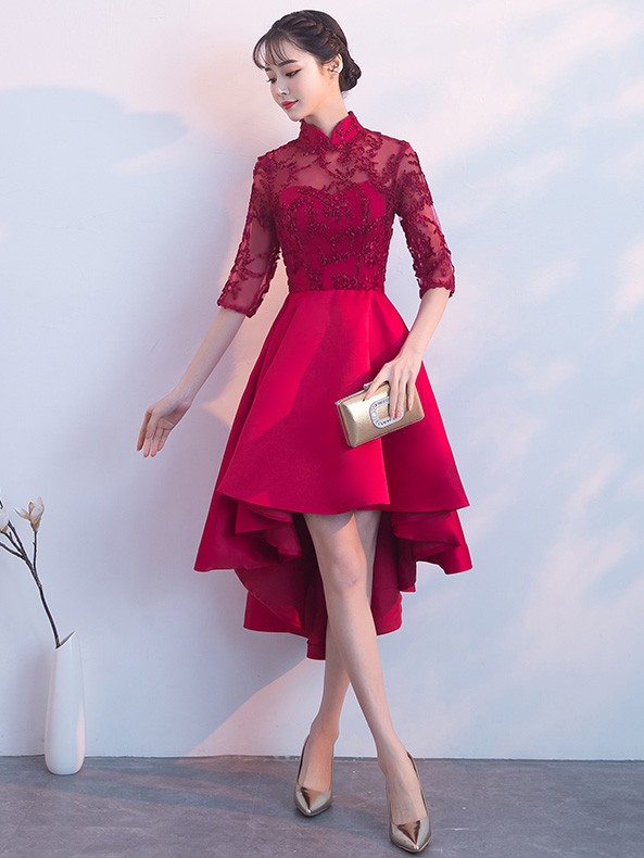 Red Blue High Low Hem Qipao / Cheongsam Party Dress