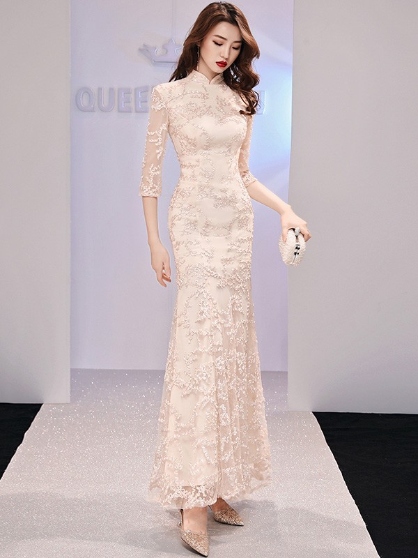 Champaign Fishtail Long Qipao / Cheongsam Evening Dress Champaign Fishtail Long Qipao / Cheongsam Evening Dress