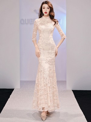 Champaign Fishtail Long Qipao / Cheongsam Evening Dress