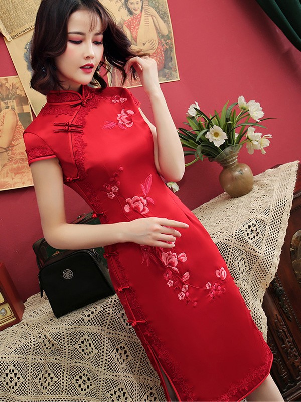Red Embroidered Mid Qipao / Cheongsam Dress with Lace Trim
