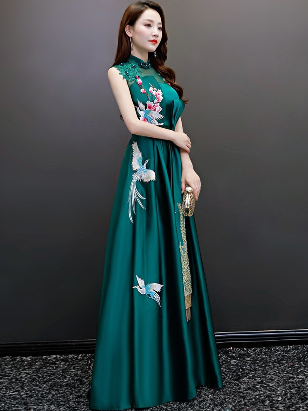 Green Embroidered Floor Length Qipao / Cheongsam Evening Dress
