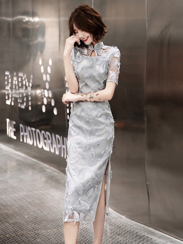 Gray Lace Tea-Length Qipao / Cheongsam Evening Dress Gray Lace Tea-Length Qipao / Cheongsam Evening Dress