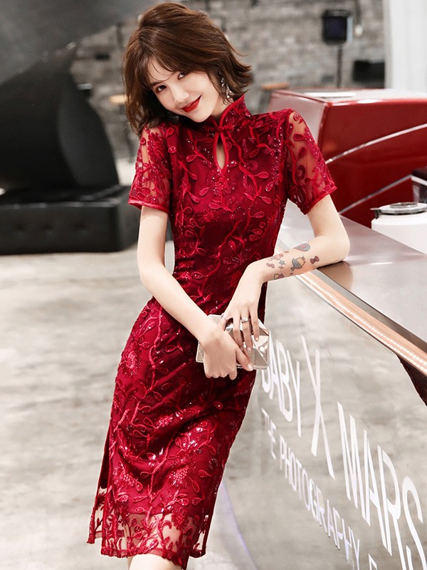 Wine Red Sequins Floral Qipao / Cheongsam Dress