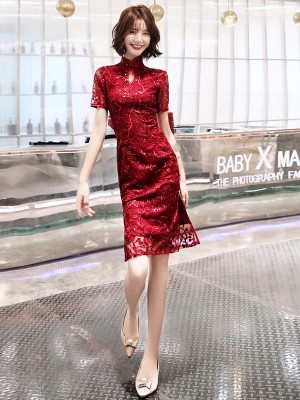 Wine Red Sequins Floral Qipao / Cheongsam Wedding Dress