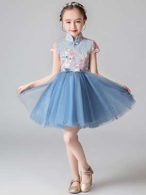 Blue Flower Girl's Embroidered Tulle Cheongsam / Qipao Dress
