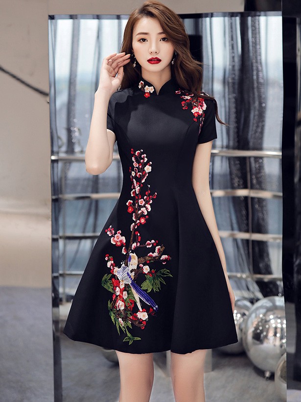 Black A-Line Floral Embroidered Qipao / Cheongsam Party Dress ...