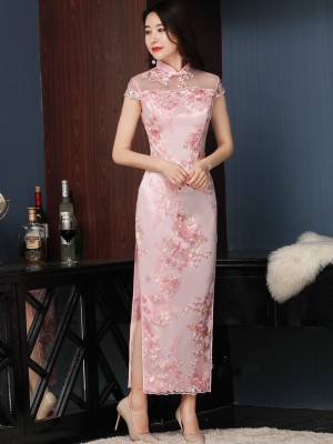 Pink Embroidered Overlay Long Qipao / Cheongsam Wedding Dress