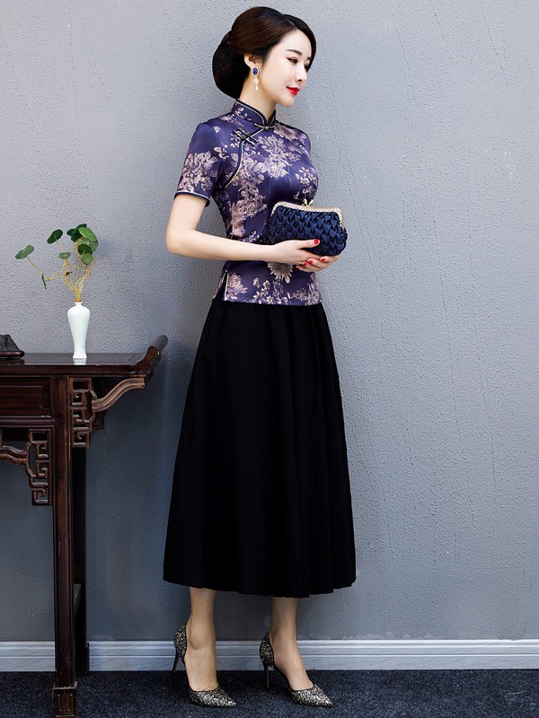 Purple Floral Qipao / Cheongsam Blouse Top