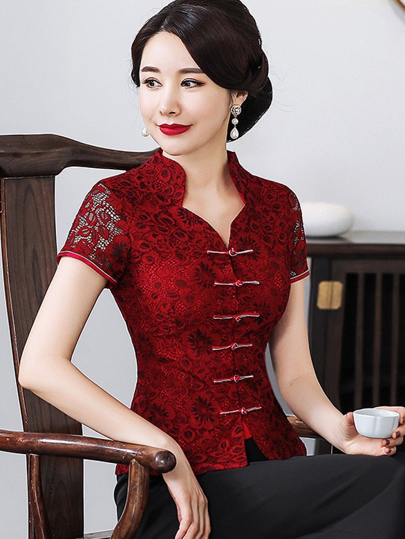 Red Lace Qipao Cheongsam Blouse Top CozyLadyWear