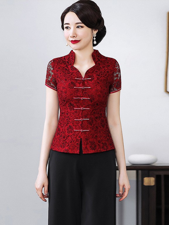 Red Lace Qipao / Cheongsam Blouse Top ...