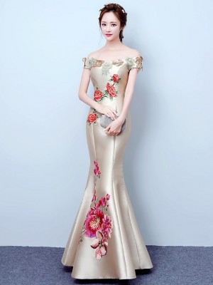 Champaign Embroidered Off Shoulder Fishtail Qipao / Cheongsam Dress