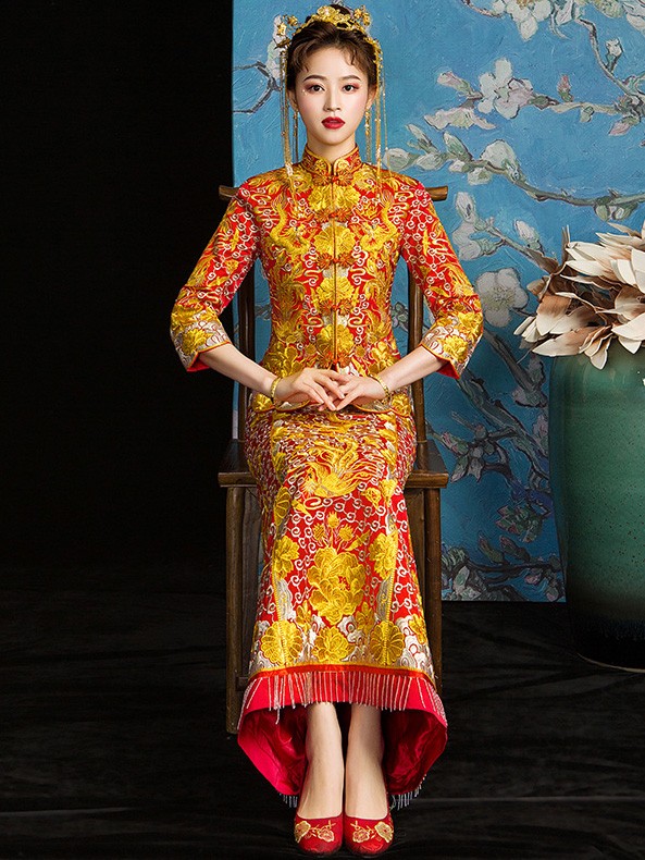 Red Embroidered Chinese Wedding Qun Kwa - Jacket & Skirt