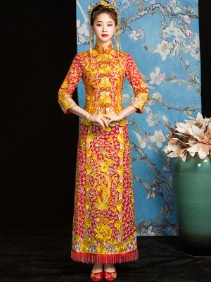 Red Embroidered Chinese Wedding Qun Kwa - Jacket & Skirt