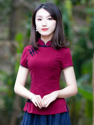 Red Woven Floral Linen Qipao / Cheongsam Top