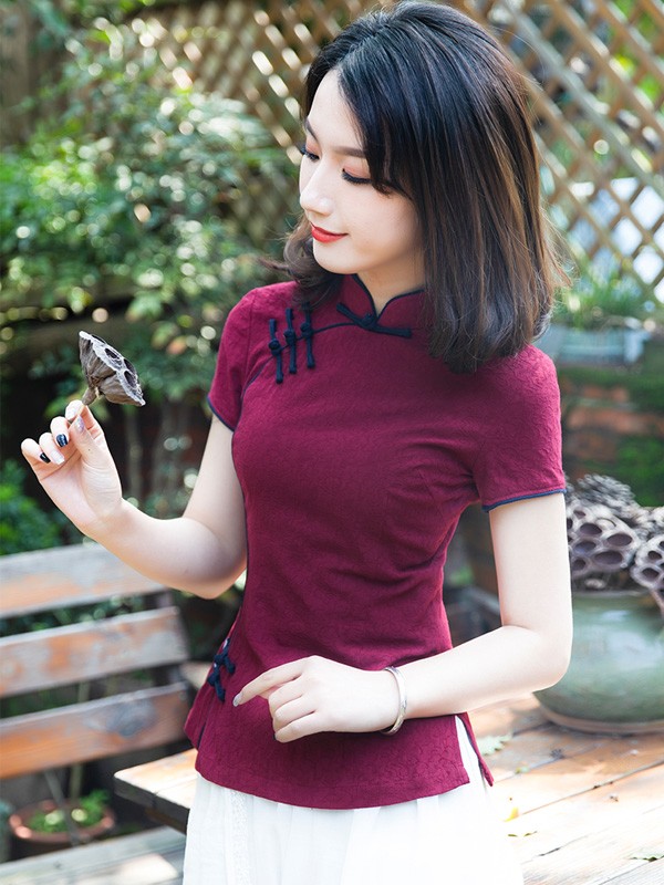 Red Woven Floral Linen Qipao / Cheongsam Top