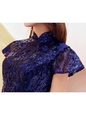 Royal Blue Sequined Fishtail Qipao / Cheongsam Evening Dress
