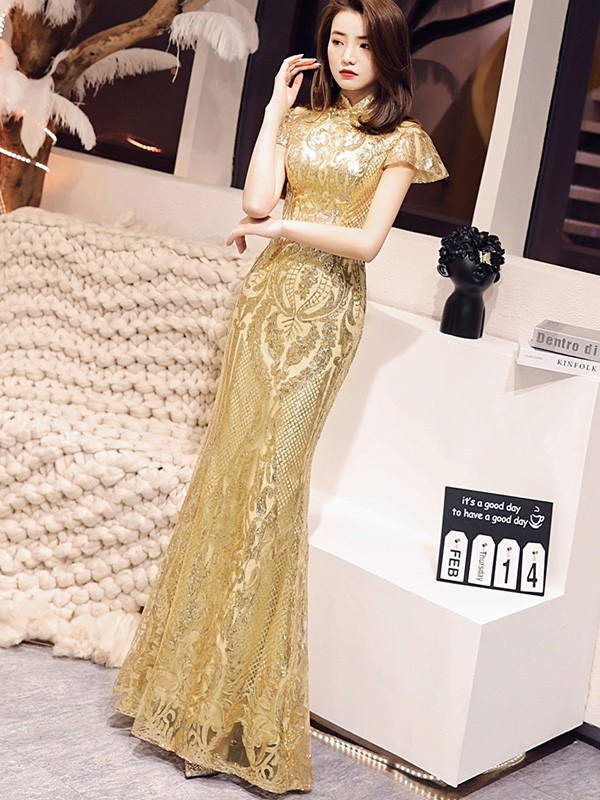 Golden Sequined Mermaid Qipao / Cheongsam Evening Dress