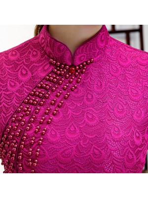 Fuchsia Lace Long Split Qipao / Cheongsam Dress with Beads