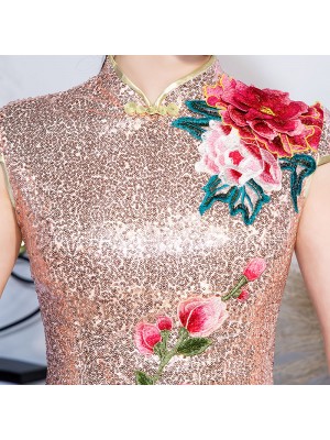 Pink Sequined Embroidered Mermaid Qipao / Cheongsam Wedding Dress