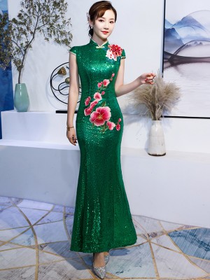 Green Sequined Embroidered Mermaid Qipao / Cheongsam Dress