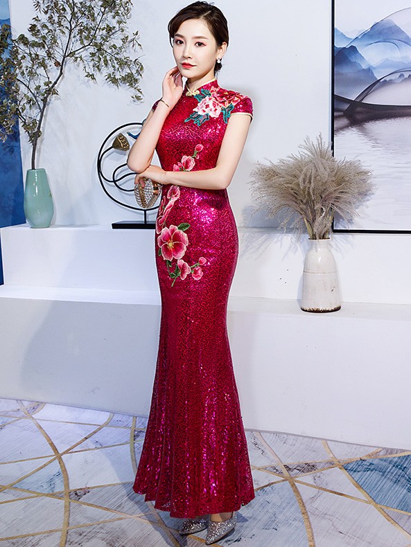 Red Sequined Embroidered Mermaid Qipao / Wedding Cheongsam Dress