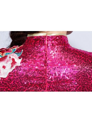 Red Sequined Embroidered Mermaid Qipao / Wedding Cheongsam Dress
