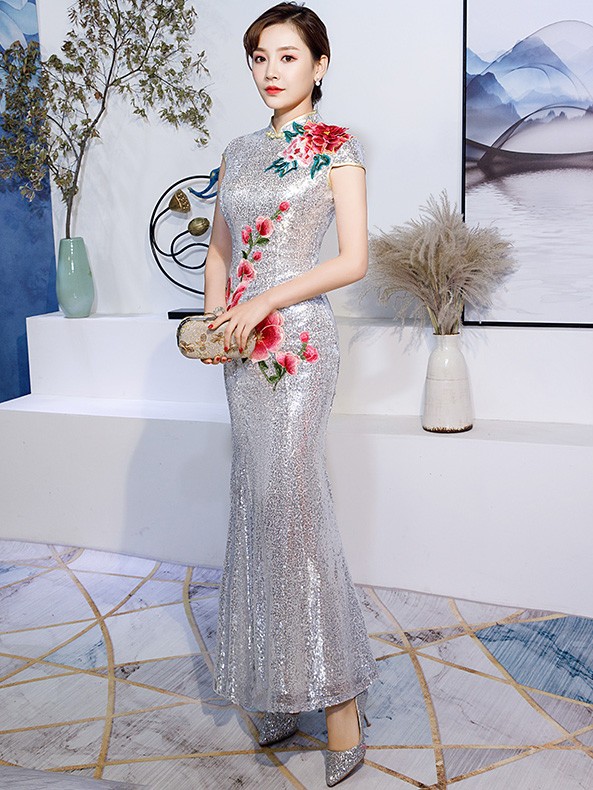 Silver Gray Sequined Embroidered Mermaid Qipao / Cheongsam Dress