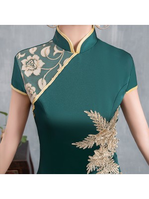 Olive Green Beaded Split Front Long Qipao / Cheongsam Dress