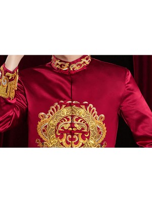 Wine Red Embroidered Dragon Chinese Men's Wedding Magua Jacket