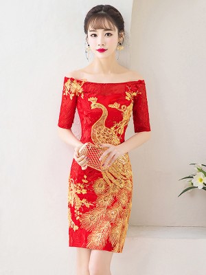 Off-Shoulder Phoenix Short Wedding Qipao / Cheongsam Dress