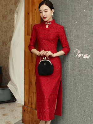 Shimmering Red Lace Long Split Wedding Qipao / Cheongsam Dress