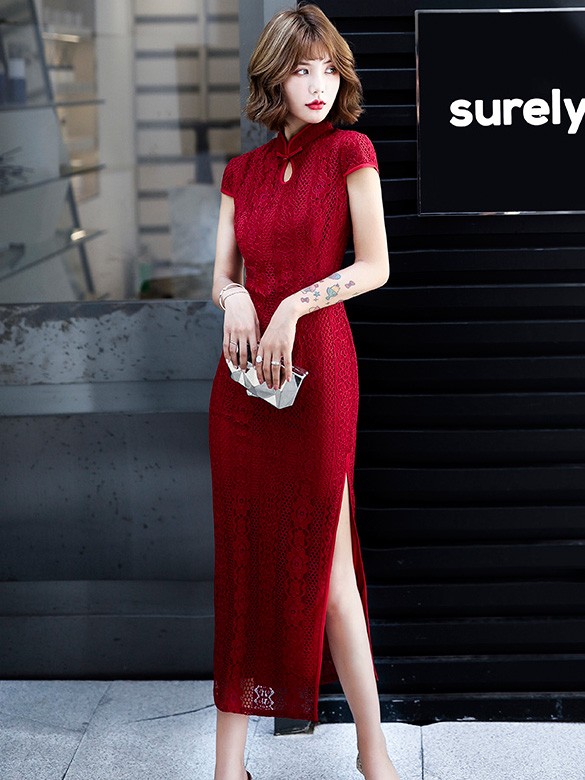 Wine Red Lace Long Qipao Wedding Cheongsam  Dress 