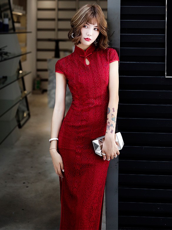 Wine Red Lace Midi Qipao / Cheongsam Dress
