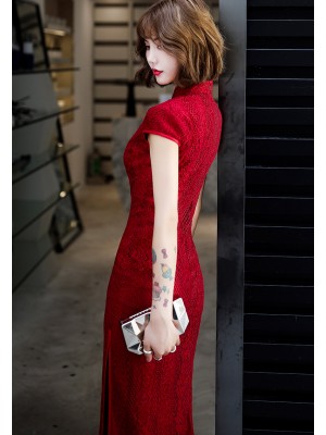 Wine Red Lace Long Qipao / Wedding Cheongsam Dress
